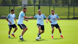 Professional football players in blue and white Argentina jerseys executing precise passing drill on pristine grass pitch, focused expressions showing tactical intensity during training session
