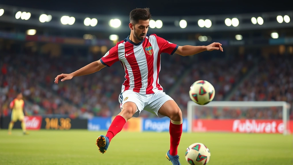 Professional male footballer in Venezuelan national team red and white striped jersey executing precise passing technique during international match under stadium lights, intense focus, dynamic movement
