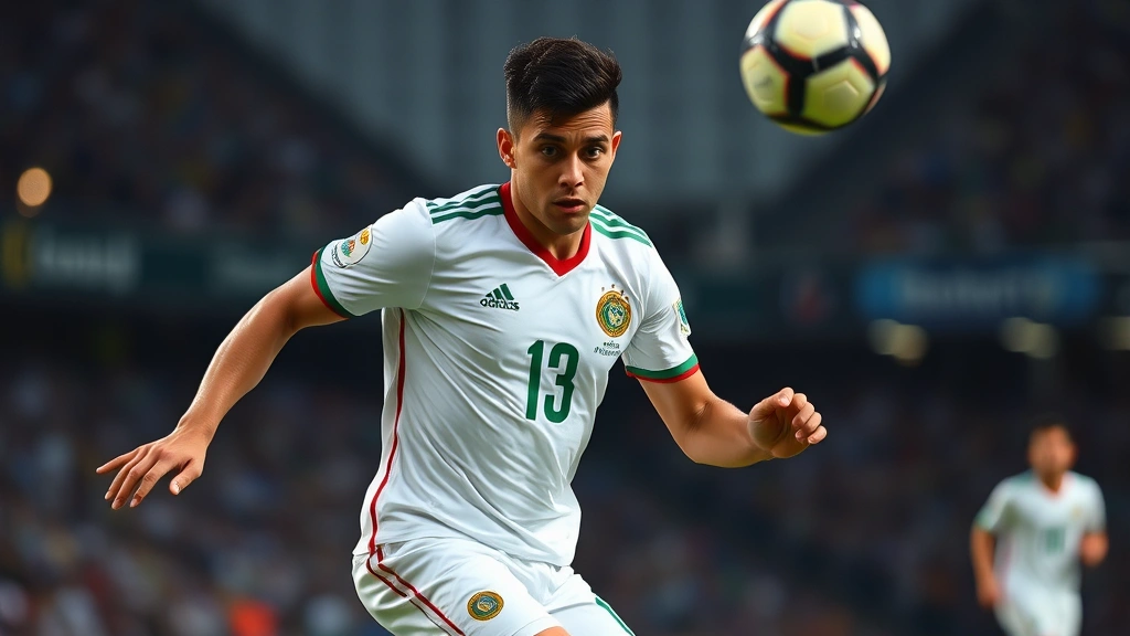 Bolivian national football team player in white jersey with green and red trim controlling ball during competitive CONMEBOL match, high altitude stadium visible, determined expression, professional photography