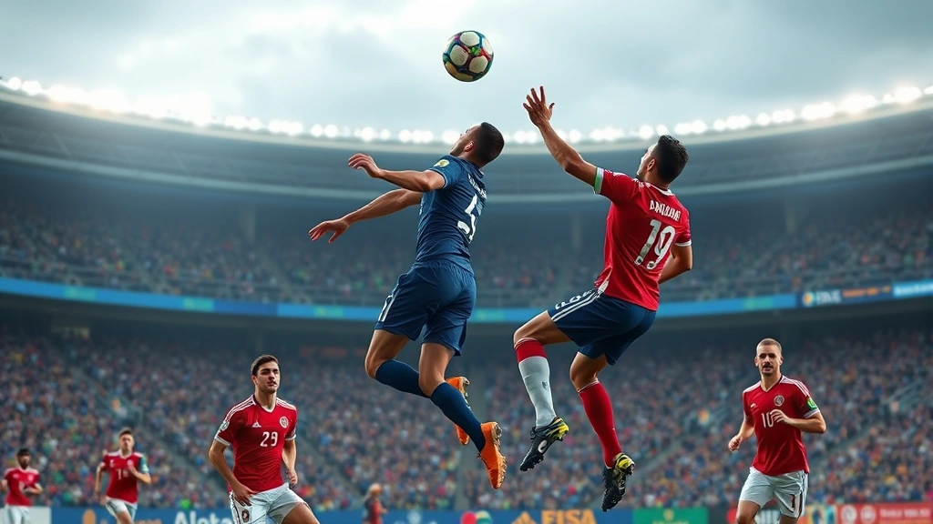 South American international football players from both nations competing for header during official match, athletic bodies in mid-air, dramatic stadium background, photorealistic sports action photography