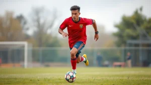 Athletic male soccer player in red Venezuelan jersey performing explosive sprint drill across grass field, intense focus expression, dynamic movement captured mid-stride during professional training session