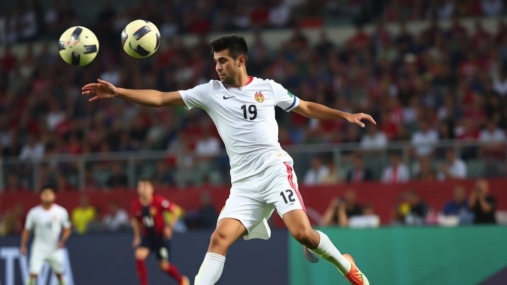 Professional footballer executing precision pass during competitive match, white Peruvian kit, midfield positioning with ball control, opposing player visible in background, stadium atmosphere