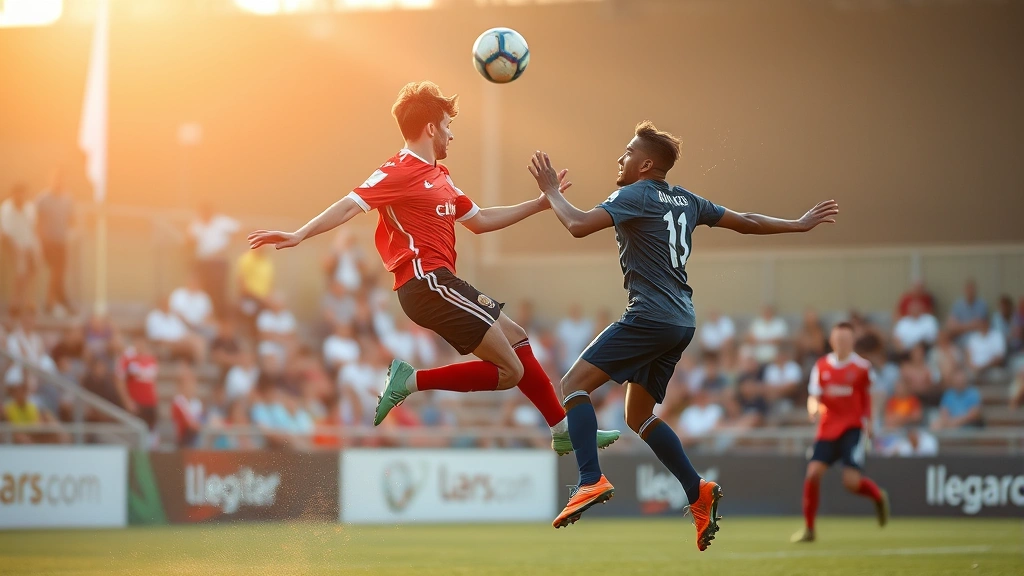Male soccer athlete performing powerful heading technique against opposing defender, aerial duel moment, both players jumping for ball, dynamic action captured at peak of jump during intense match play