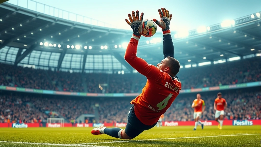 Goalkeeper making acrobatic diving save during high-stakes football match, athletic flexibility and explosive movement, professional stadium environment with competitive intensity visible in body language