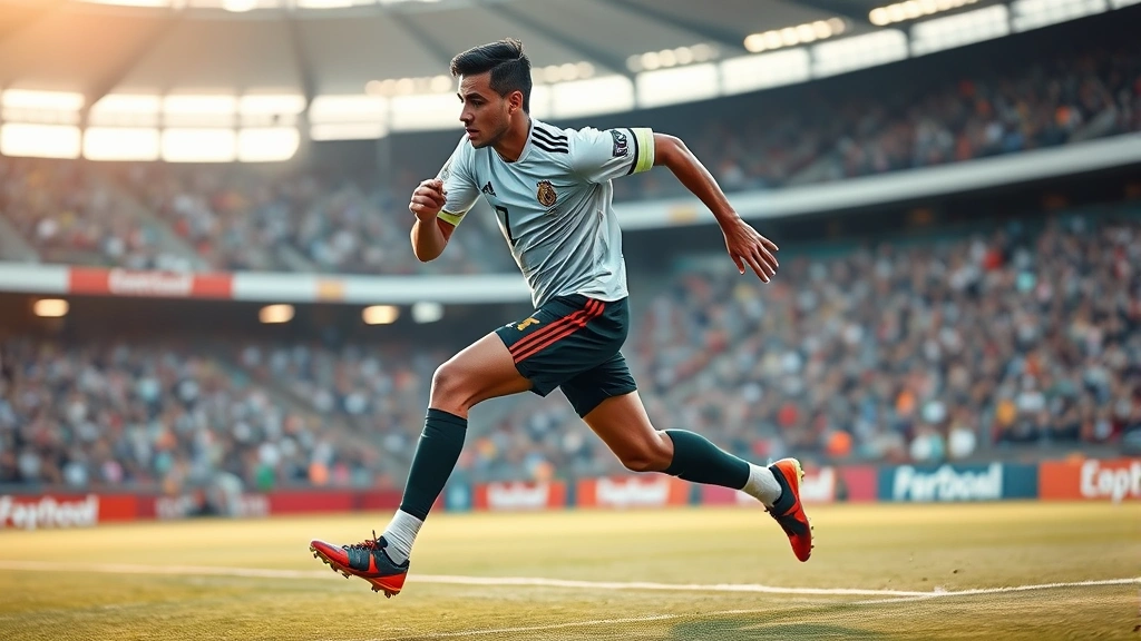 Elite South American football player performing explosive sprint acceleration on professional pitch, intense focus, dynamic motion blur, professional stadium background, daytime lighting, athletic movement captured mid-stride