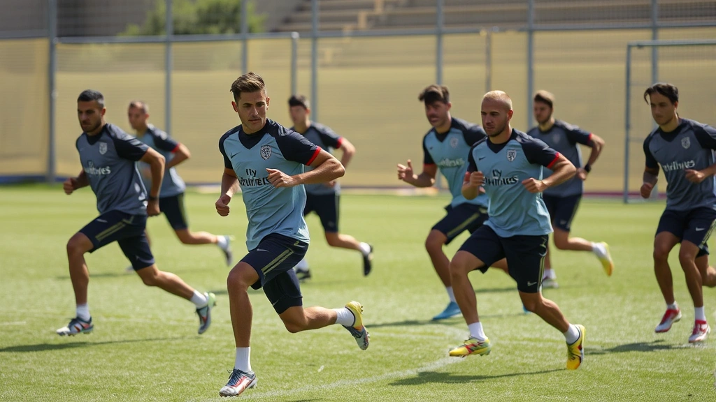 Professional athletes executing high-intensity interval training on outdoor field, multiple players in motion, dynamic movement patterns, natural daylight, grass pitch surface, competitive intensity visible in body language