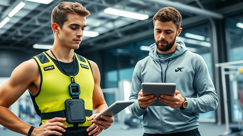 Sports science laboratory setting with athlete wearing GPS monitoring vest and heart rate sensor, coach analyzing data on tablet device, modern training facility background, professional environment, technology integration visible