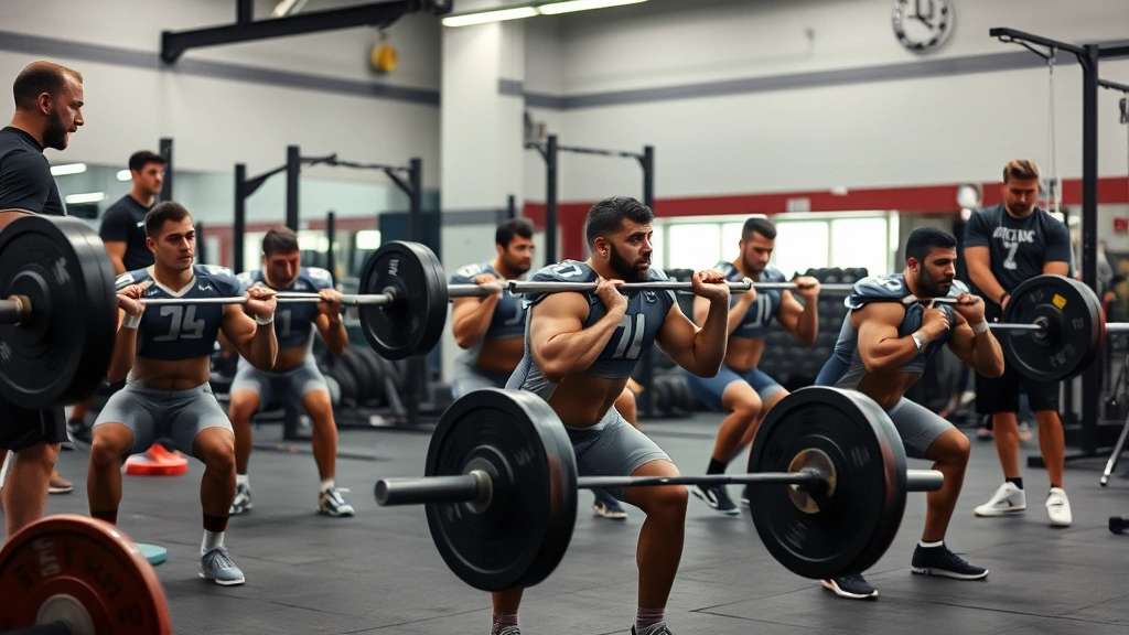 College football players performing heavy barbell squats and deadlifts in professional weight room with strength coaches observing form and technique during offseason training