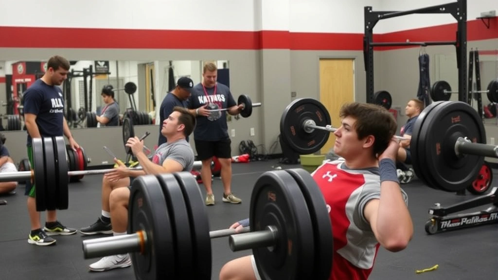 College football players performing compound barbell exercises in weight room with coaching staff monitoring form and technique during strength training session