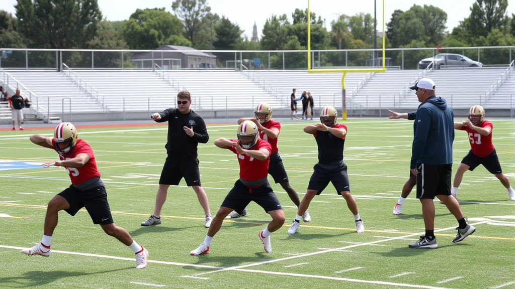 Team of college football athletes performing dynamic stretching and mobility work on field with coaching staff supervision during pre-practice warm-up