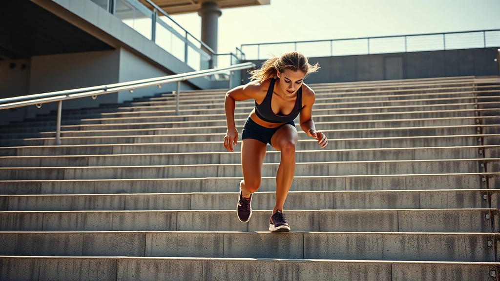 Athletic woman climbing concrete stadium stairs with intense focus, muscular legs engaged, bright daylight, determination on face, no text or signage visible