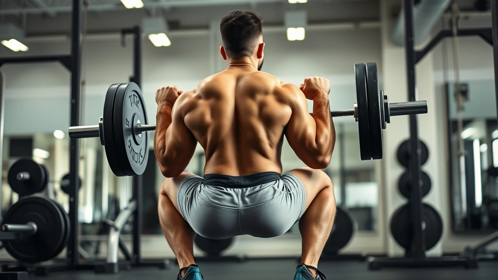 Male athlete performing barbell back squat with perfect form in modern gym, strong leg positioning, concentrated expression, clean equipment, no labels visible