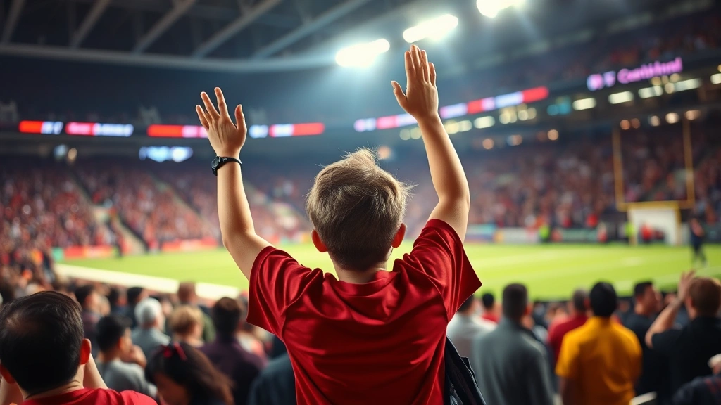 Young fan standing energetically in crowded stadium section during football game, hands raised celebrating, bright game lights, crowd context visible but faces blurred, authentic joy and energy