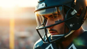 Professional football player wearing a dark smoke visor, intense focus looking downfield, bright sunny stadium lighting, close-up of visor reflecting field, photorealistic action shot