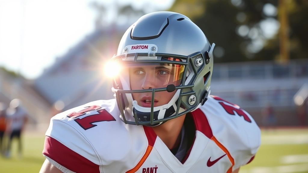Football defensive back in defensive stance with mirror-tint visor catching sun glare, alert expression reading play, outdoor field with strong sunlight, protective eyewear visible, competitive game action