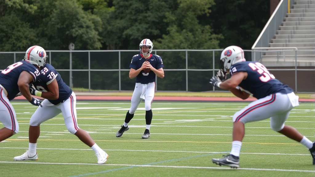 A quarterback executing proper footwork during a five-step drop drill with offensive linemen engaged downfield, showing crisp technique and positioning
