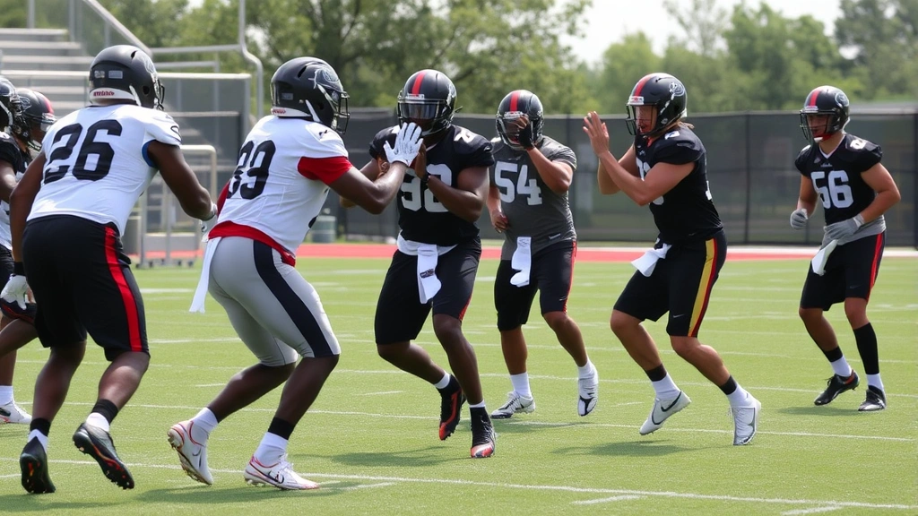 Defensive backs practicing press coverage at the line of scrimmage with receivers, demonstrating proper hand placement and footwork mechanics during intense one-on-one drills