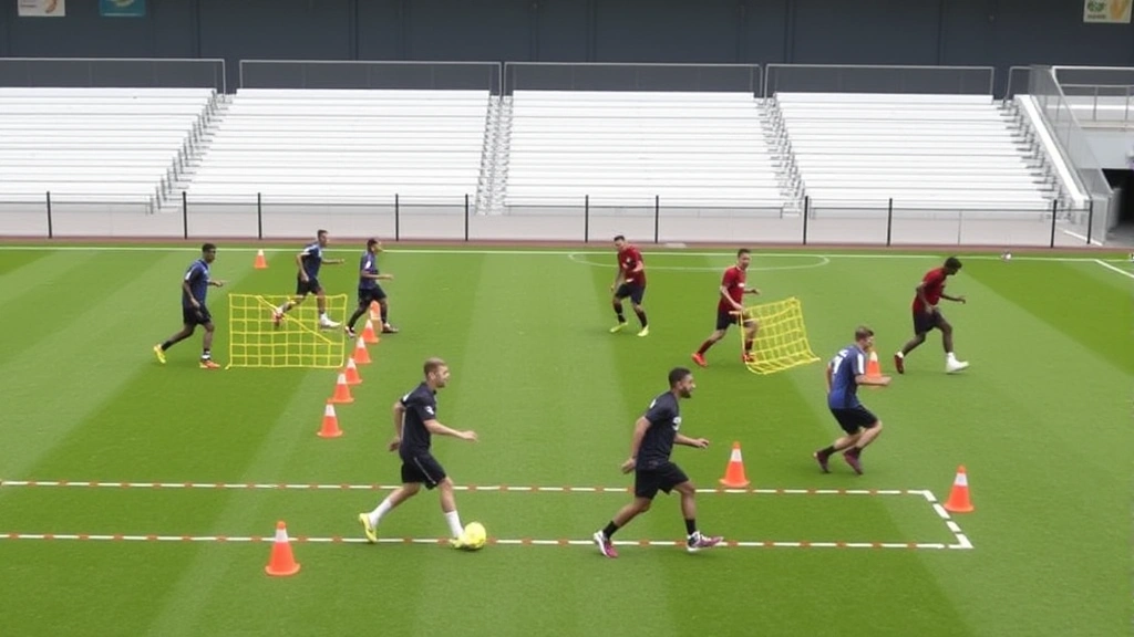 A team performing agility ladder and cone weaving drills in sequence, showing players moving through different patterns with sharp cuts and explosive movements