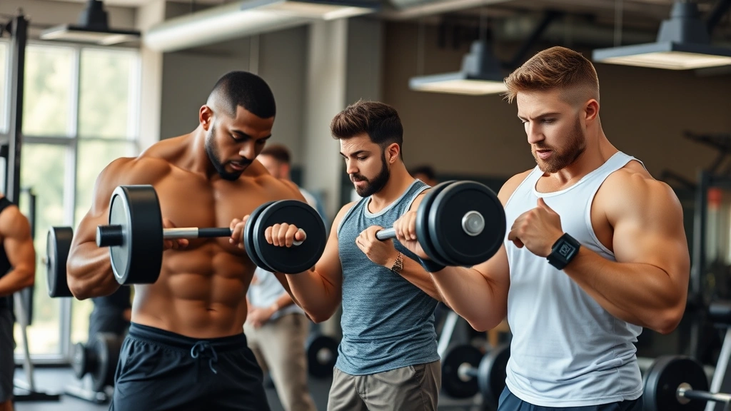 College football players performing intense strength training with barbells and dumbbells in a modern gym facility, showing proper form during power exercises, athletic and focused
