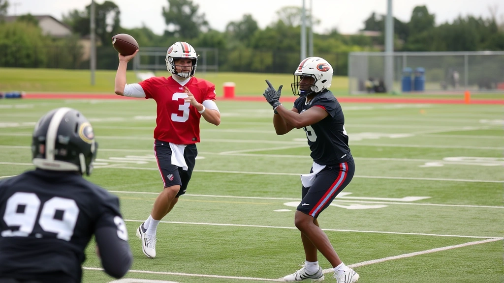 Quarterback and receivers performing passing drills on a football field during practice, showing crisp route running and accurate passing mechanics with focused intensity