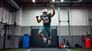 Athletic male college football player performing explosive vertical jump test in professional sports science facility with measurement equipment, intense focus and maximum effort
