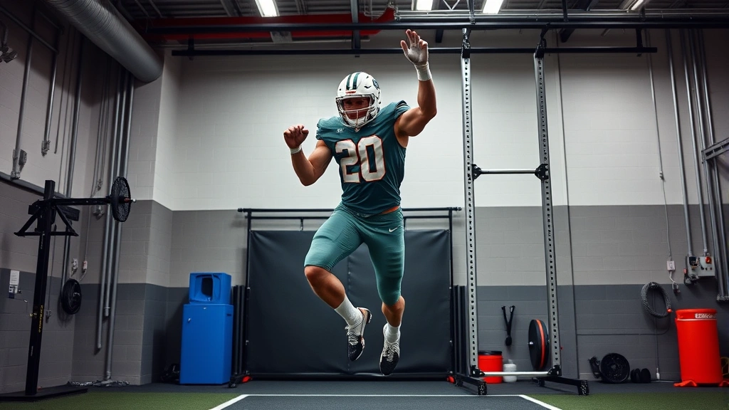 Athletic male college football player performing explosive vertical jump test in professional sports science facility with measurement equipment, intense focus and maximum effort