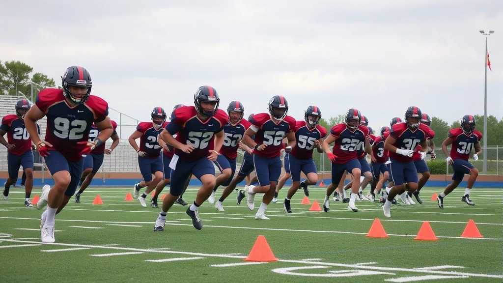 Diverse college football team members performing dynamic agility drills with cones and ladder drills on field, showing lateral quickness and coordinated movement patterns