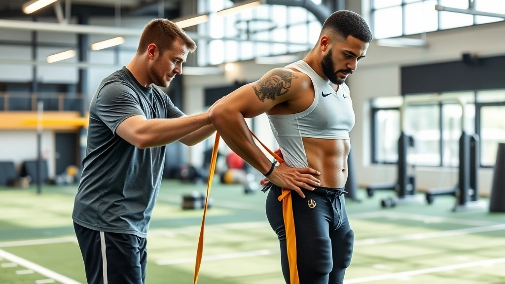 Professional athletic trainer conducting mobility assessment on college football player's hip and shoulder flexibility using resistance bands in high-tech training facility