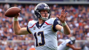 Professional college football quarterback in Washington Huskies uniform mid-throw during game, stadium background, intense focused expression, photorealistic sports photography