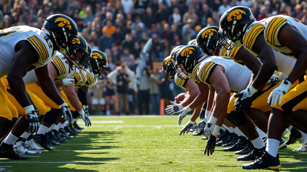 Iowa Hawkeyes defensive line engaged with opposing offensive linemen at line of scrimmage, action shot showing physical contact and gap control, game day lighting