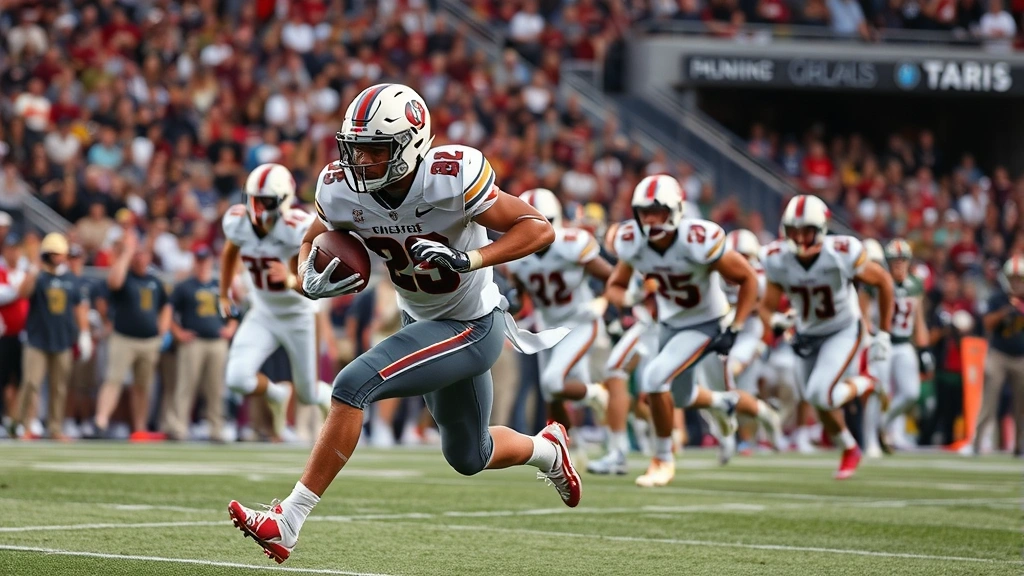 College football running back in full sprint carrying football, defensive players pursuing behind, stadium crowd visible, dynamic action capturing explosive movement and athletic ability