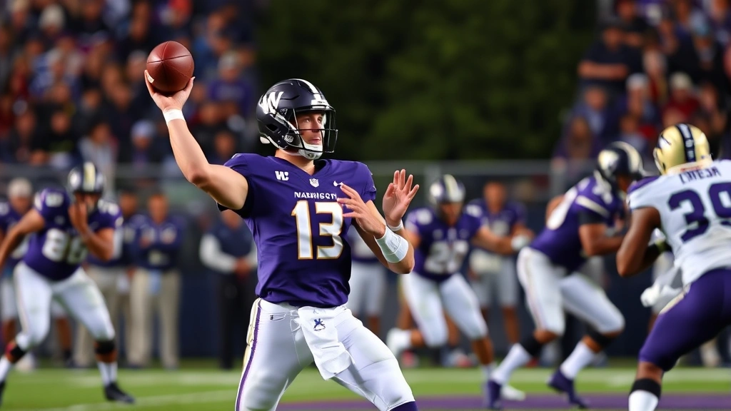 Washington Huskies quarterback throwing football downfield in purple uniform during intense competitive game with excellent form and focus