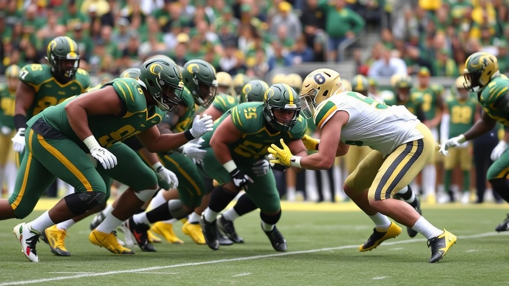 Oregon Ducks defensive line executing gap control and run-stopping technique against opposing offensive line with aggressive pursuit and tackling form