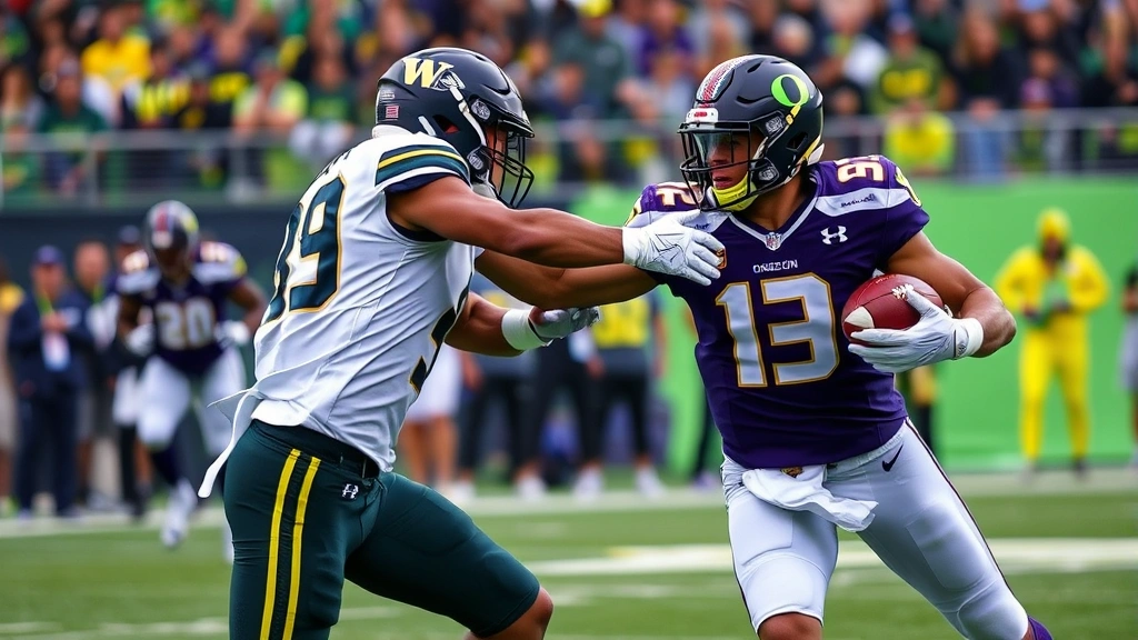 Intense Washington vs Oregon rivalry moment showing secondary coverage and receiver separation during pass play with competitive athletic intensity