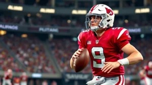 Athletic college football quarterback throwing downfield pass during game action, intense focus expression, professional stadium lighting, dynamic motion capture, realistic uniform detail