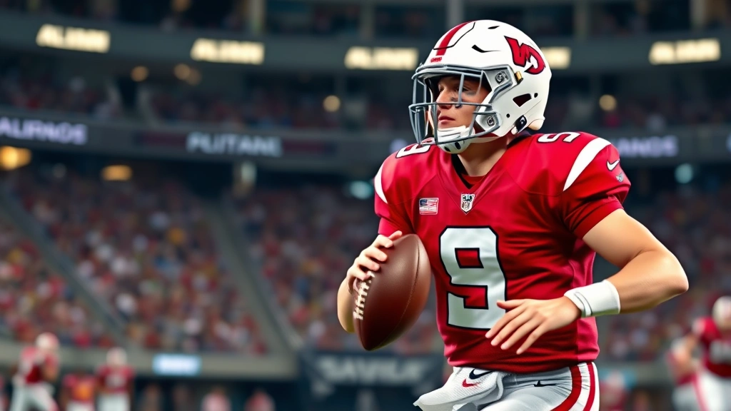 Athletic college football quarterback throwing downfield pass during game action, intense focus expression, professional stadium lighting, dynamic motion capture, realistic uniform detail