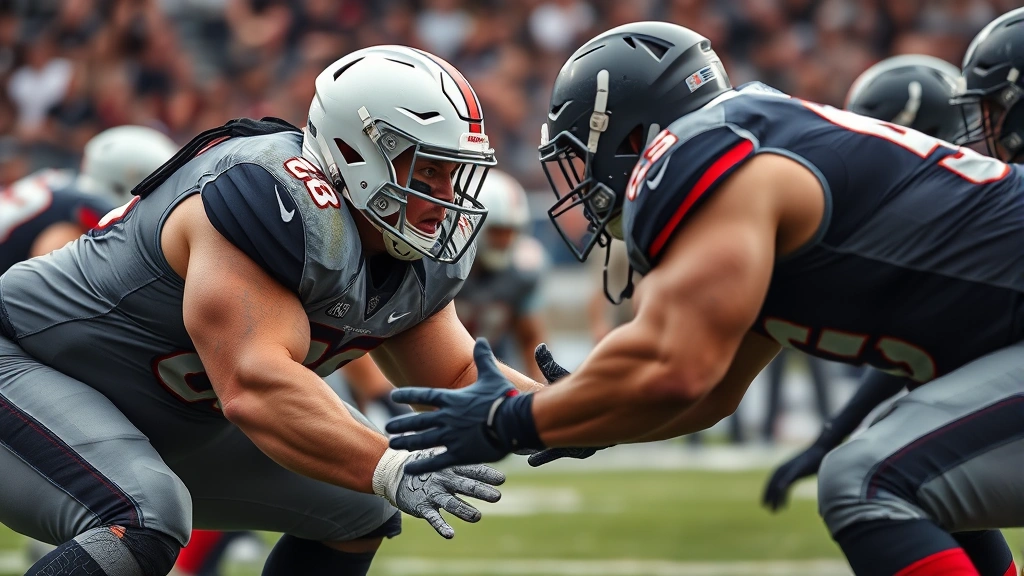 Muscular defensive lineman engaging offensive blocker at line of scrimmage, powerful athletic form, intense competitive moment, professional field environment, detailed uniform and helmet