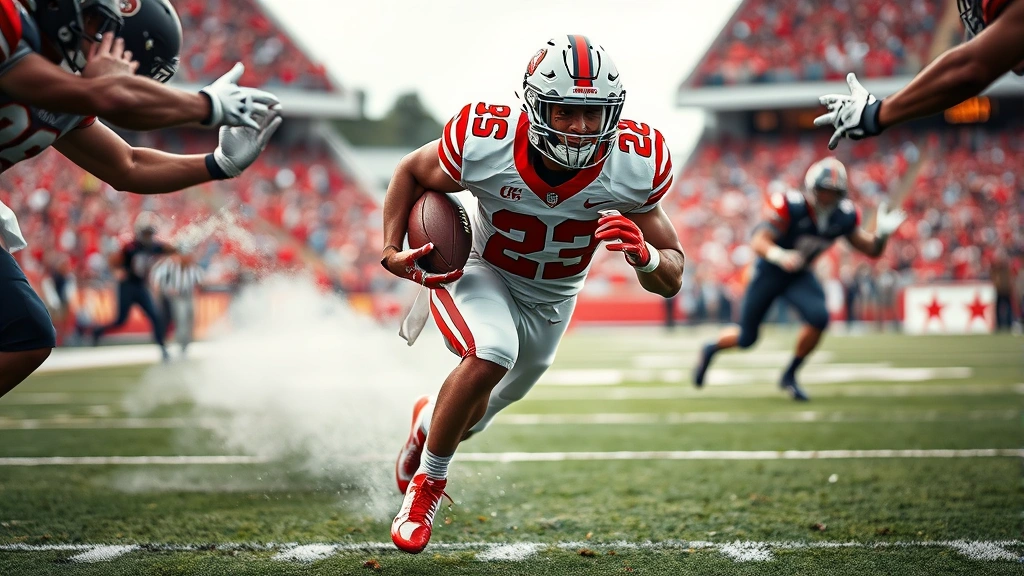 College football running back accelerating through defensive line gap with explosive power, dynamic motion, athletic physique, stadium background, professional game photography