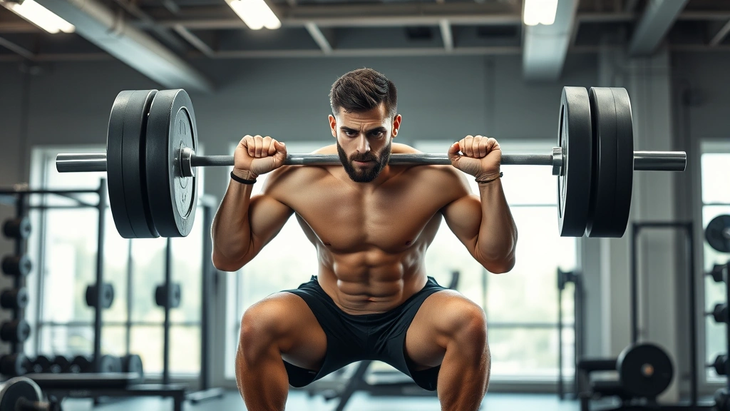 Athletic male football player performing heavy barbell squat with perfect form in modern strength training facility, showing muscular development and compound movement technique