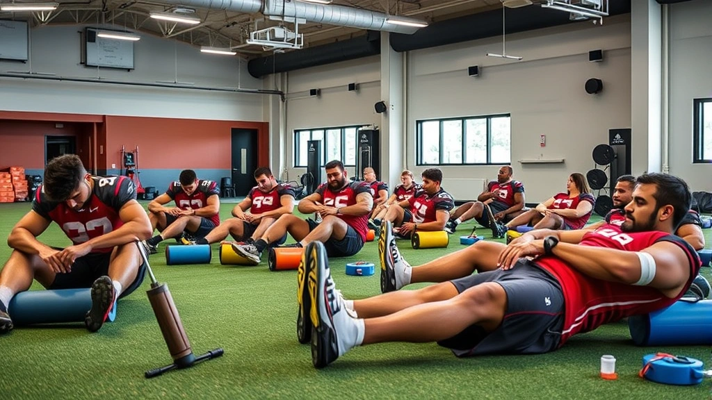 Diverse group of college football players recovering together using foam rollers and stretching equipment on training facility floor after intense workout session