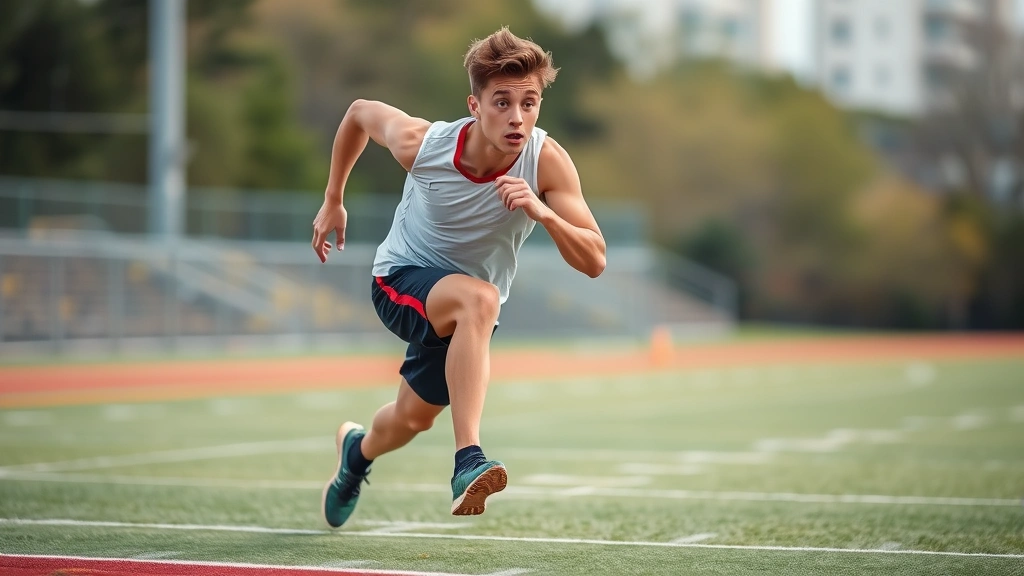 Young male athlete sprinting at maximum speed on outdoor field with focused expression, demonstrating explosive acceleration and powerful leg drive