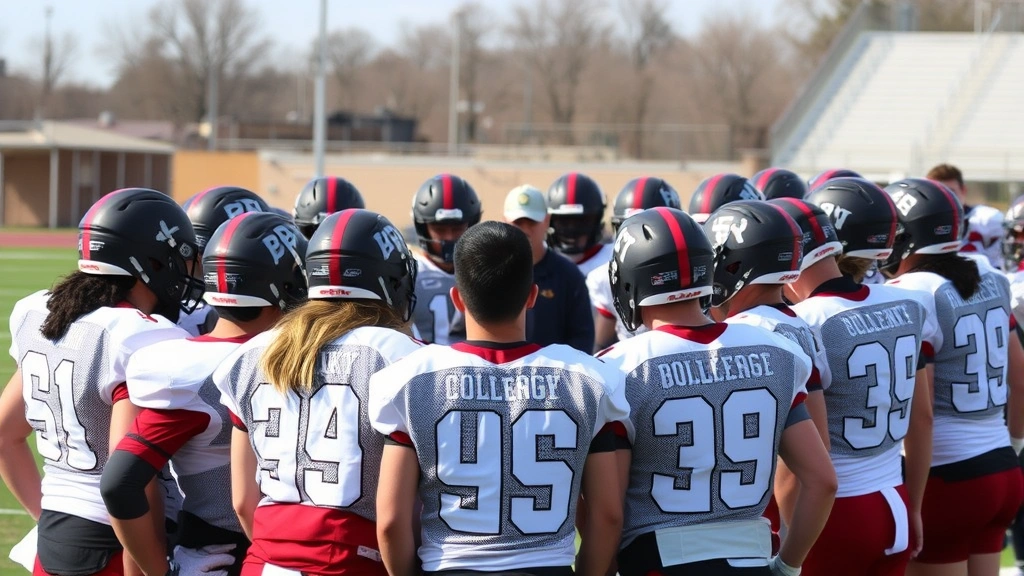College football team huddled together during practice, coaches instructing players with focused intensity, outdoor field setting with clear weather, players wearing practice uniforms, motivational team energy visible