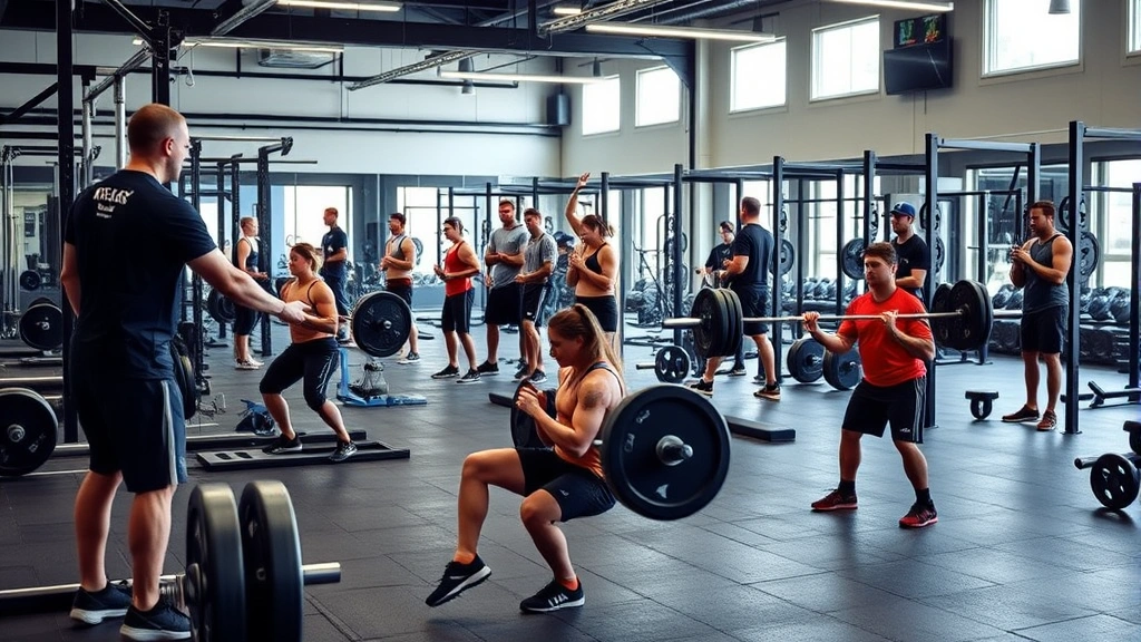 Strength and conditioning facility with athletes performing compound exercises, modern weight room equipment, spotters assisting lifters, athletic development in progress, professional training environment