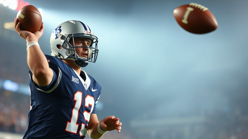 College football quarterback executing perfect passing mechanics during game action, dramatic stadium lighting, focused expression, football in mid-air, competitive intensity visible