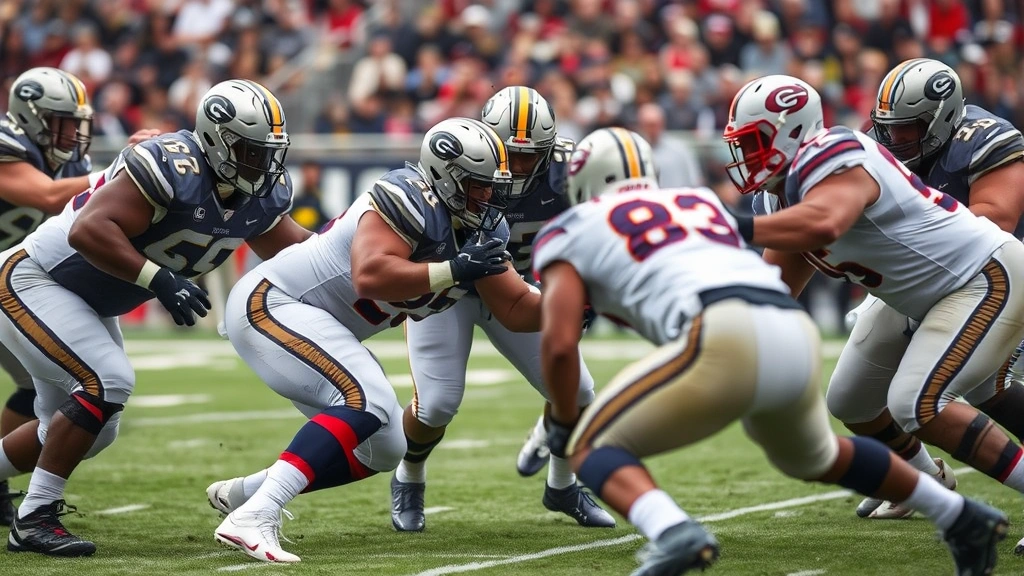 Football defensive line athletes executing gap control technique during live game play, physical intensity, proper body positioning, opposing offensive linemen engaged, championship-level competition