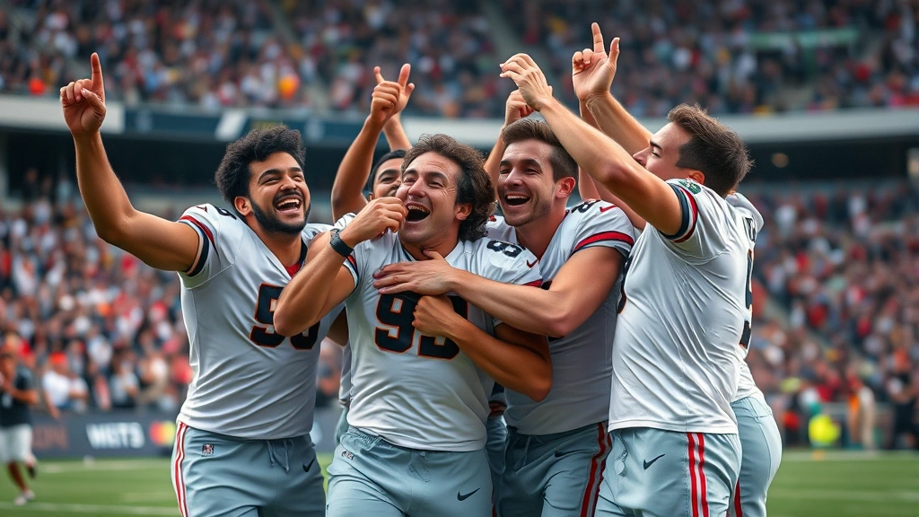 Team celebration after touchdown, diverse athletes showing genuine emotion and camaraderie, stadium background slightly blurred, authentic team bonding moment, competitive victory energy