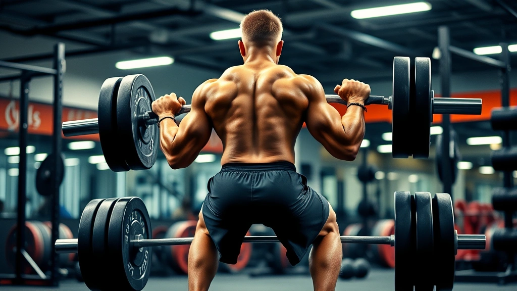 Athletic male college football player performing heavy barbell back squat in professional strength training facility with proper form, deep knee bend, upright torso, multiple weight plates loaded on bar, strong lighting, motivational gym environment