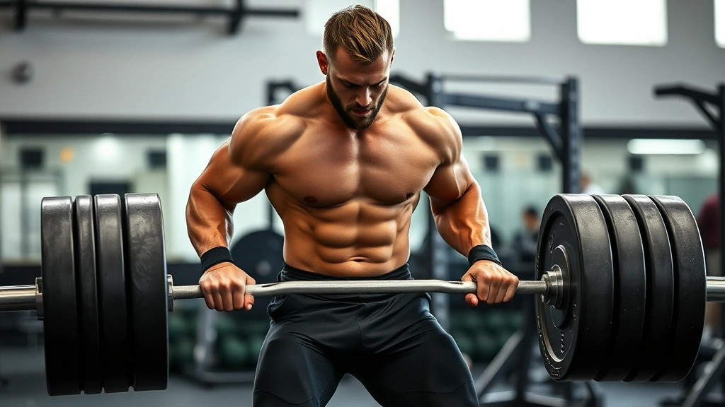 Muscular football athlete executing deadlift movement with explosive power, pulling heavy barbell from ground with engaged core, proper neutral spine alignment, concentrated expression, professional training facility background