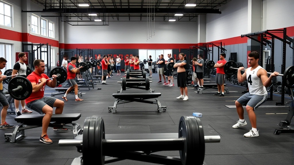 College football strength training session showing multiple athletes performing various compound exercises simultaneously, barbell benches and squat racks visible, athletic team environment, focused training atmosphere, professional conditioning facility