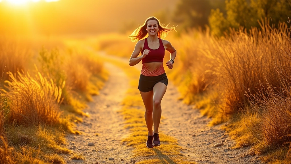 Athletic woman running on sunny morning trail with golden hour lighting, energetic expression, natural outdoor setting, no text or labels visible